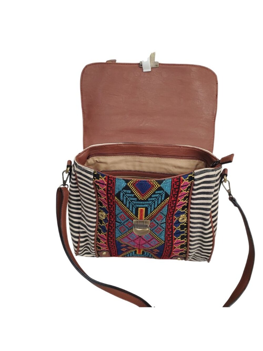 Jen & Co Bag Satchel Striped Aztec Embroidered Vegan Leather Boho Chic Purse - Picture 9 of 16